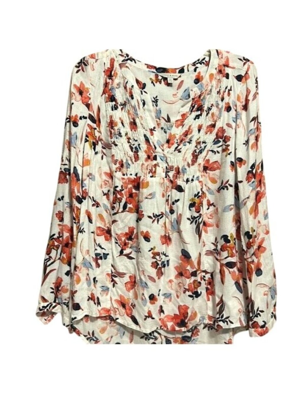 Lucky Brand White Floral Long Sleeve Boho Blouse S V-Neck Lightweight Top